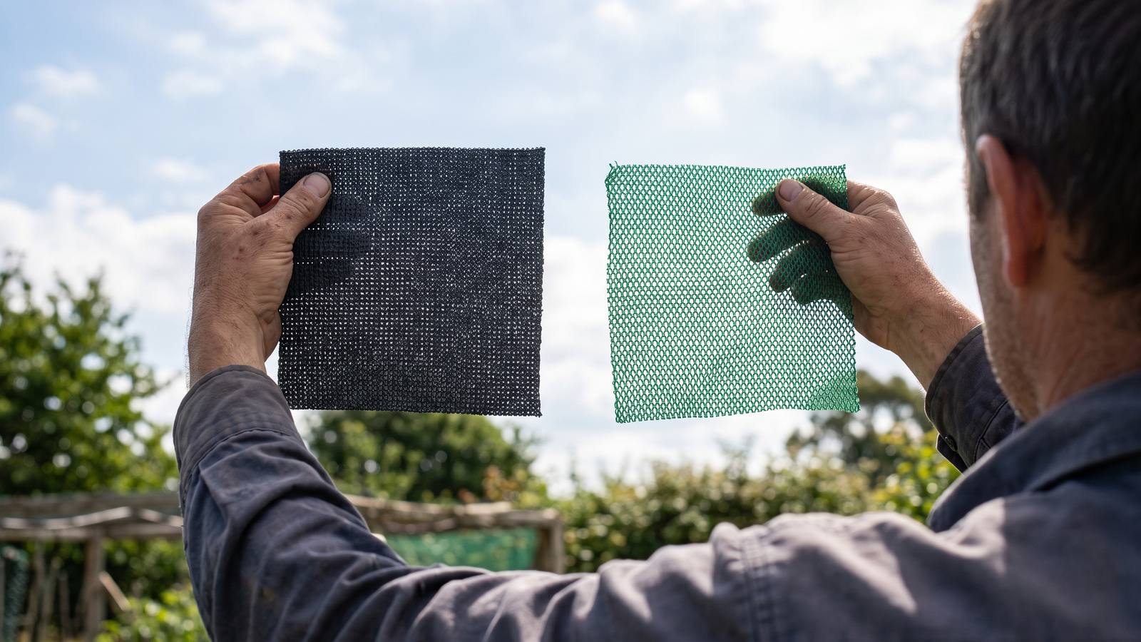 Dense charcoal 95% shade cloth held beside lighter green 80% shade cloth against the sky.