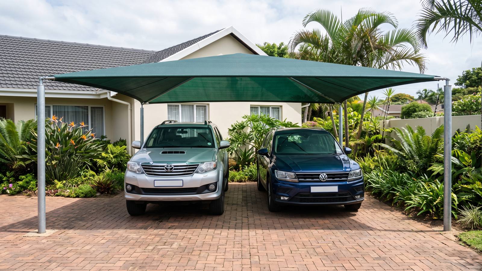 Green shade cloth carport over two cars on a brick-paved driveway with a subtropical garden.