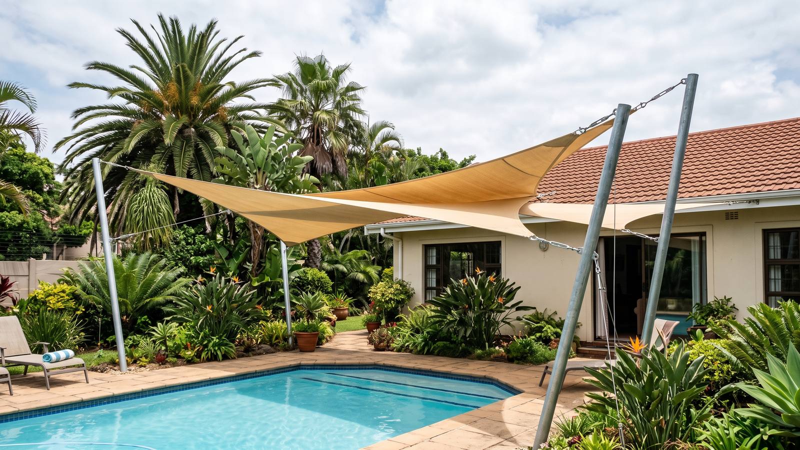 Sand-coloured shade sails on raked galvanised posts shading the edge of a swimming pool.